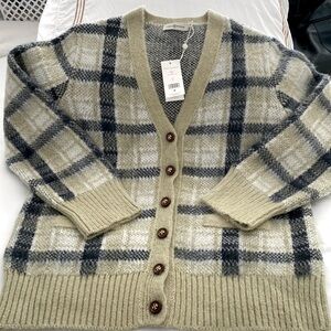 Tory Burch Brushed Plaid Cardigan with wooden logo buttons